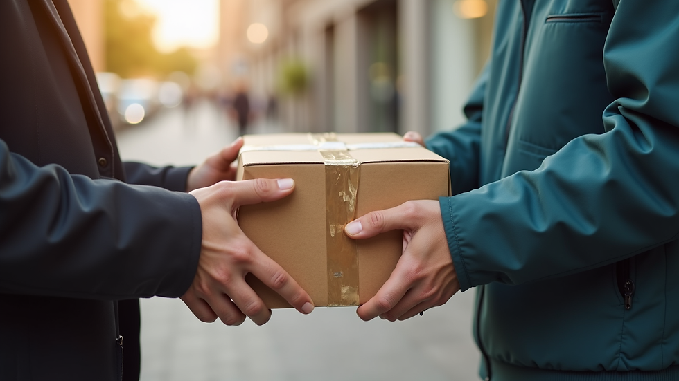 Close-up view of a courier handing over a package to a customer