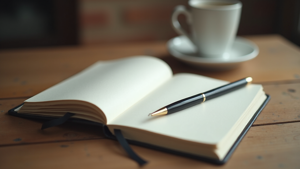 Close-up view of a journal and pen on a wooden table