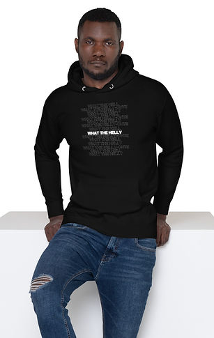 man wearing a black hooded sweater with text