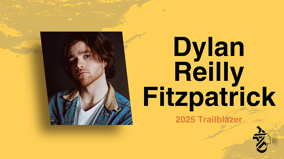 Person with a beard in a denim jacket, serious expression, on yellow textured background. Text: Dylan Fitzpatrick, 2025 Trailblazer.