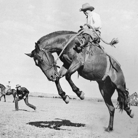 Cowboy riding a bucking horse in a dusty rodeo arena, with another rider and onlookers in the background. Black and white photo.