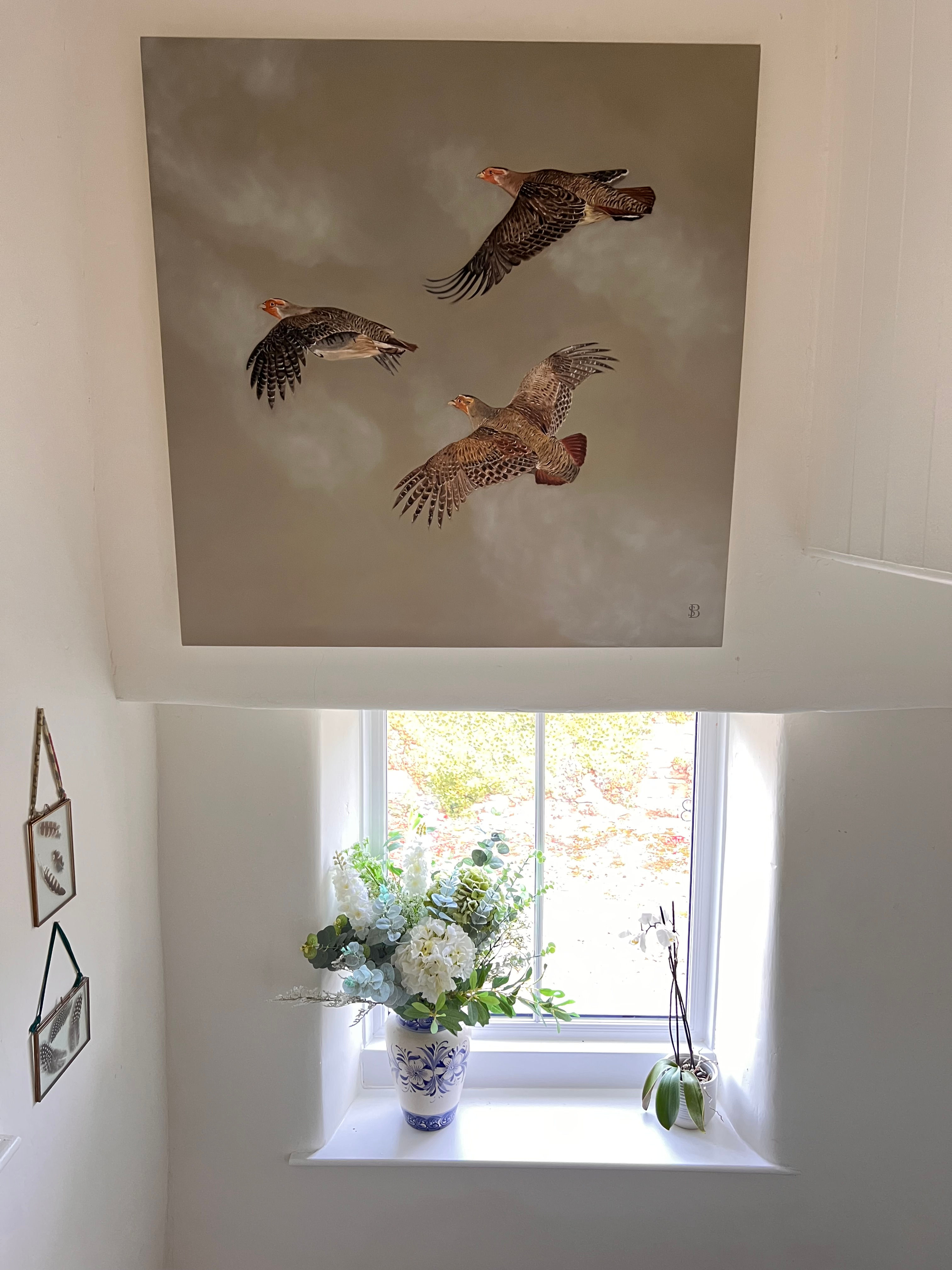 Three Flying Grey Partridge