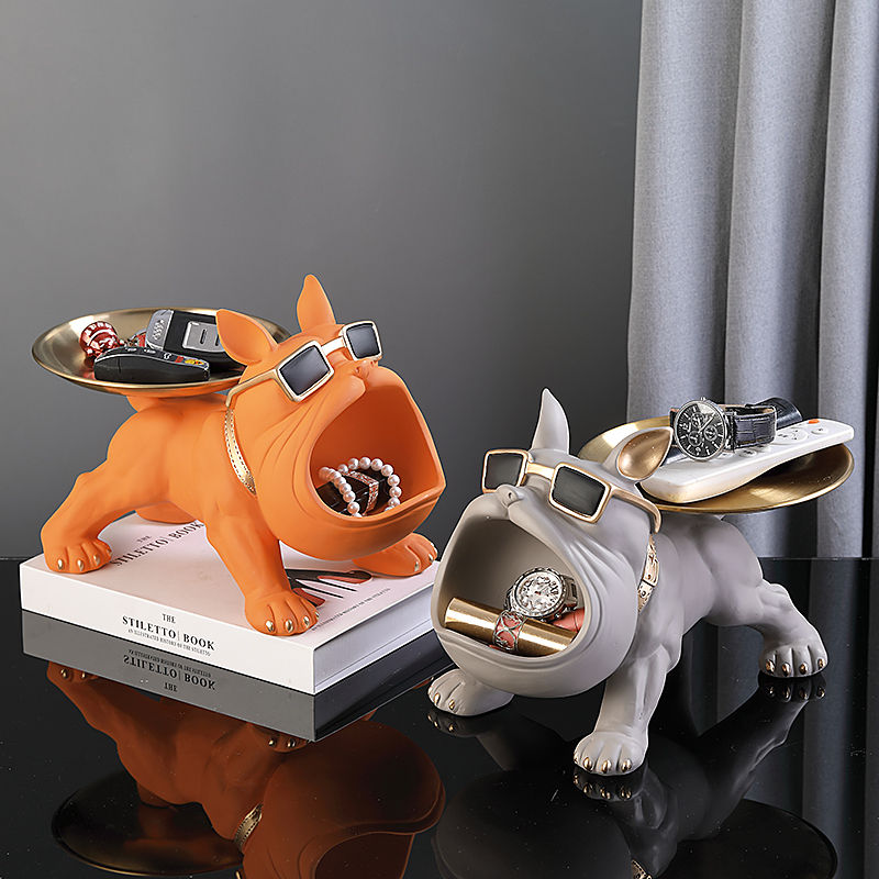 Miniatura: Scultura bulldog in resina con vassoio per chiavi e accessori, decorazione per casa