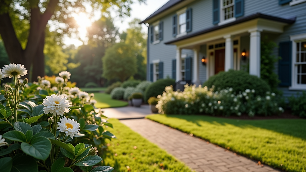 Close-up view of a funeral home exterior with a peaceful garden