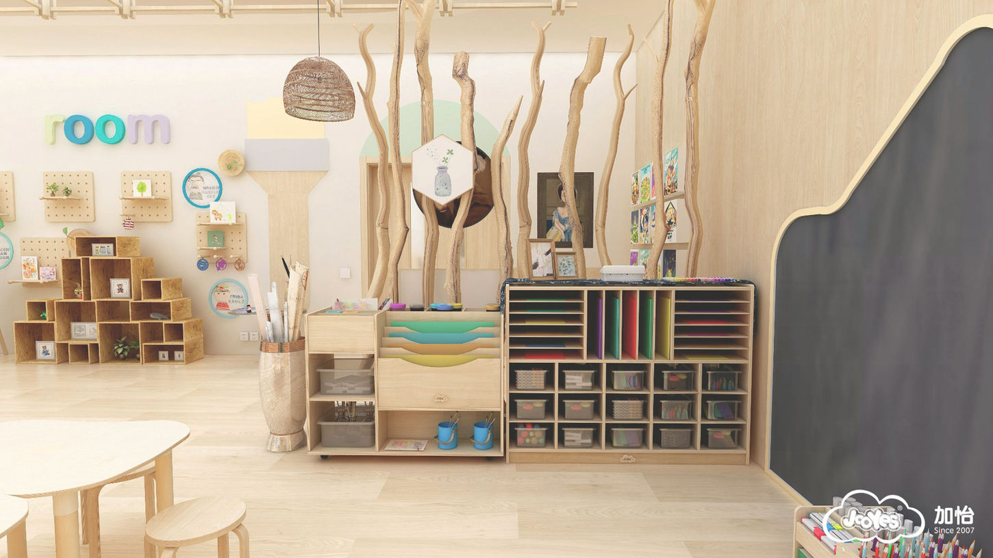 The art storage solution combines material trolley and 15 cubes cabinet. Children's natural enthusiasm for art and science thrives when they can explore with a wide range of materials.