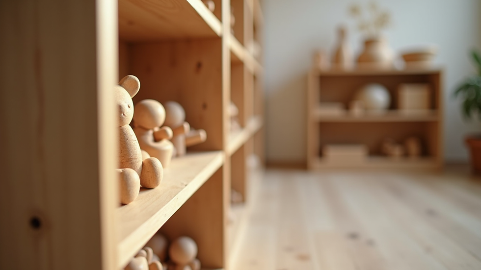 Eye-level view of wooden Montessori shelves with educational toys
