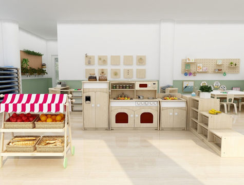A dream come true for little chefs. Realistic play kitchen design features a sink, microwave, stovetop, oven, and shelving.