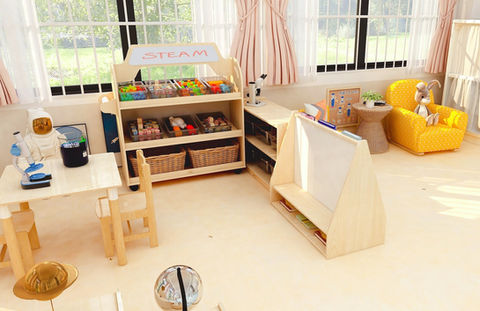 The multi-functional activity corner is a good way to keep your child busy! It consists of 3-in-1 mobile shelf, 2-tier shelf and double sides bookcase. 
