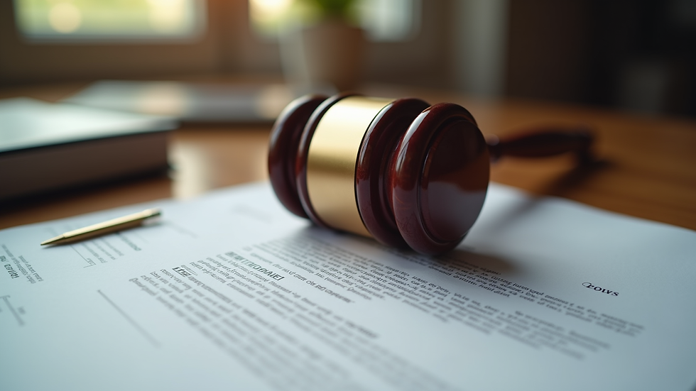 Eye-level view of a gavel resting on a legal document