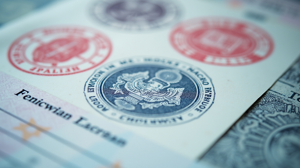 Close-up view of a legal document with immigration stamps