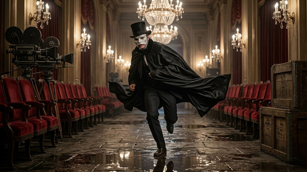 Das Phantom der Oper mit weißer Maske und schwarzem Umhang läuft durch einen Korridor der Pariser Oper
