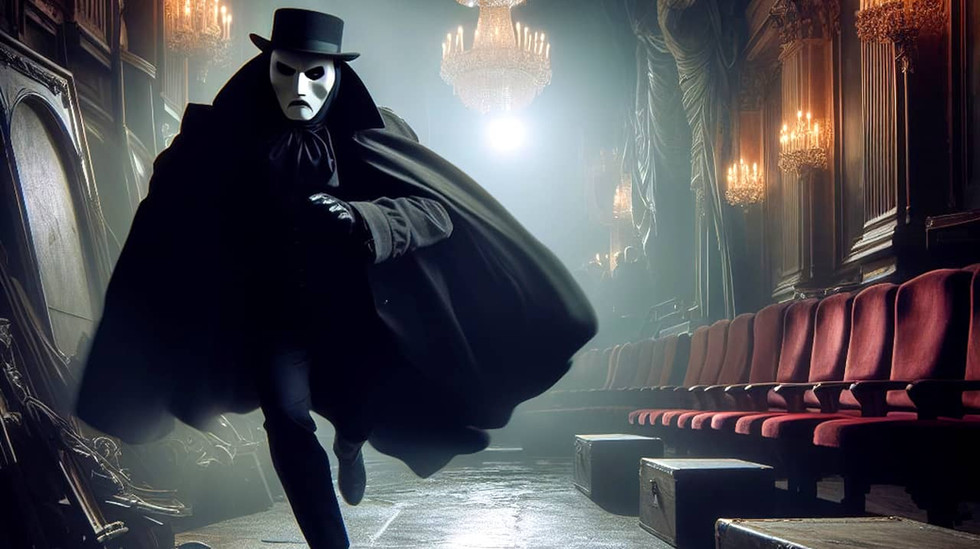 Fantasma de la Ópera con máscara blanca y capa negra corriendo por un pasillo de la Ópera de París