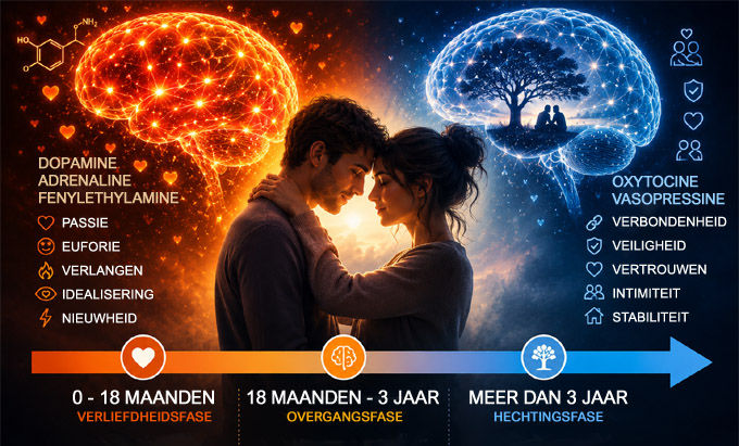 Neurowetenschappelijk diagram dat de evolutie van de hormonen in het verliefde brein en de overgang van passionele liefde naar duurzame hechting na 3 jaar laat zien