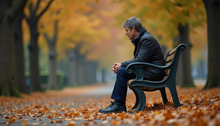 Eye-level view of a single person sitting quietly on a park bench surrounded by autumn leaves