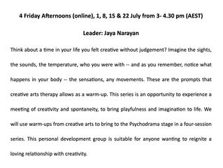 Creative Play - July workshop series with Jaya Narayan