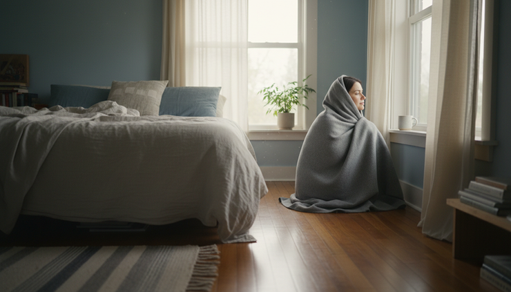 Wide-angle view of a person sitting quietly beside a bedroom window in soft morning light.