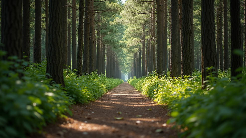 Eye-level view of a serene forest path surrounded by tall trees