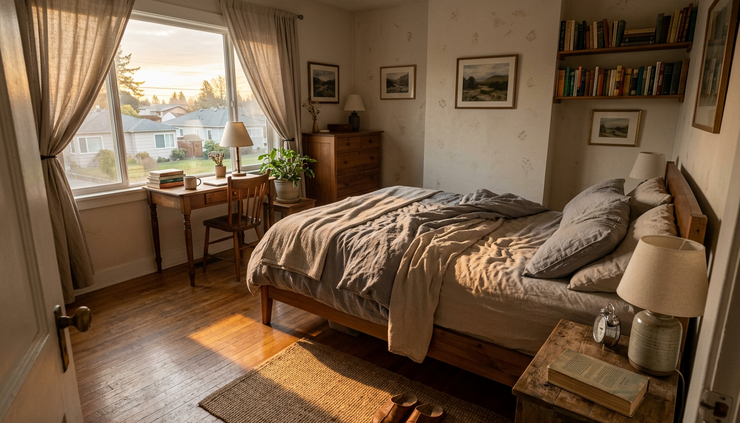 Wide-angle view of a quiet bedroom with curtains partly open at sunrise.