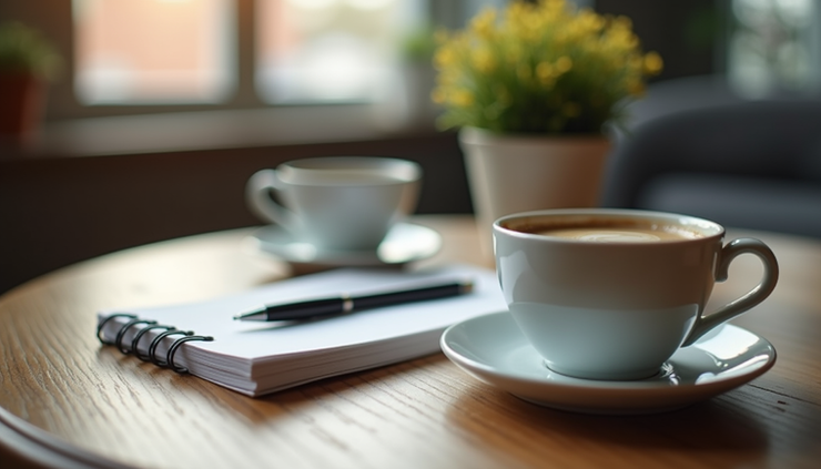 Close-up view of two coffee cups on a small table with a notebook and pen