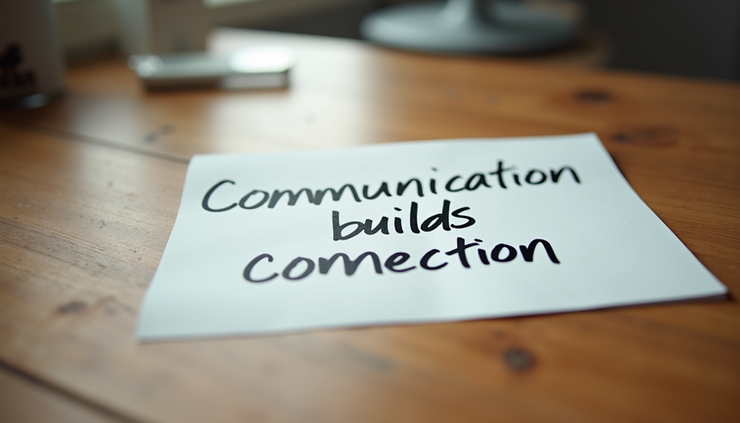 Close-up view of a handwritten note with the words 'Communication builds connection'