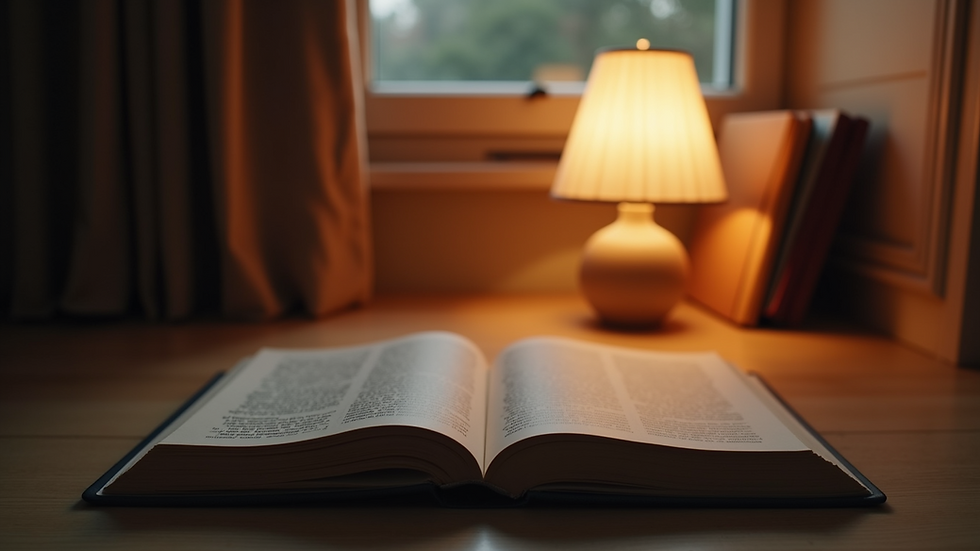 Eye-level view of a cozy reading nook with a warm lamp and open book