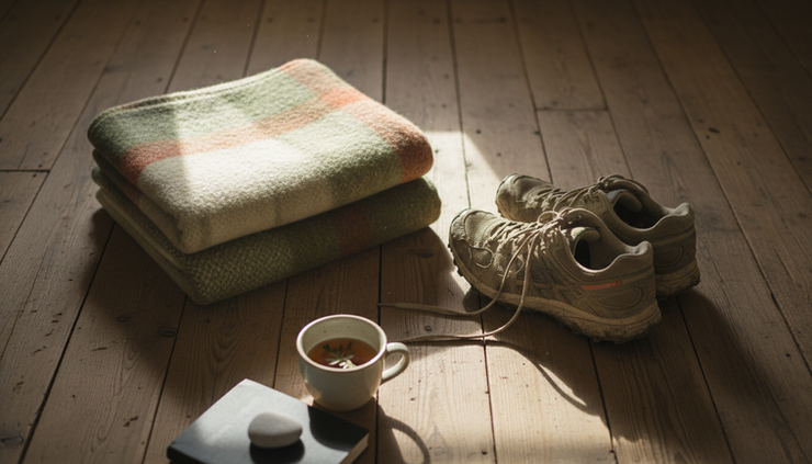 Overhead view of running shoes placed beside a folded blanket on a wooden floor.