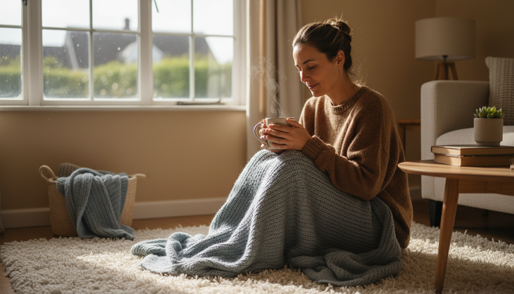 Eye-level view of a person sitting quietly on a living-room floor with a cup of tea nearby.