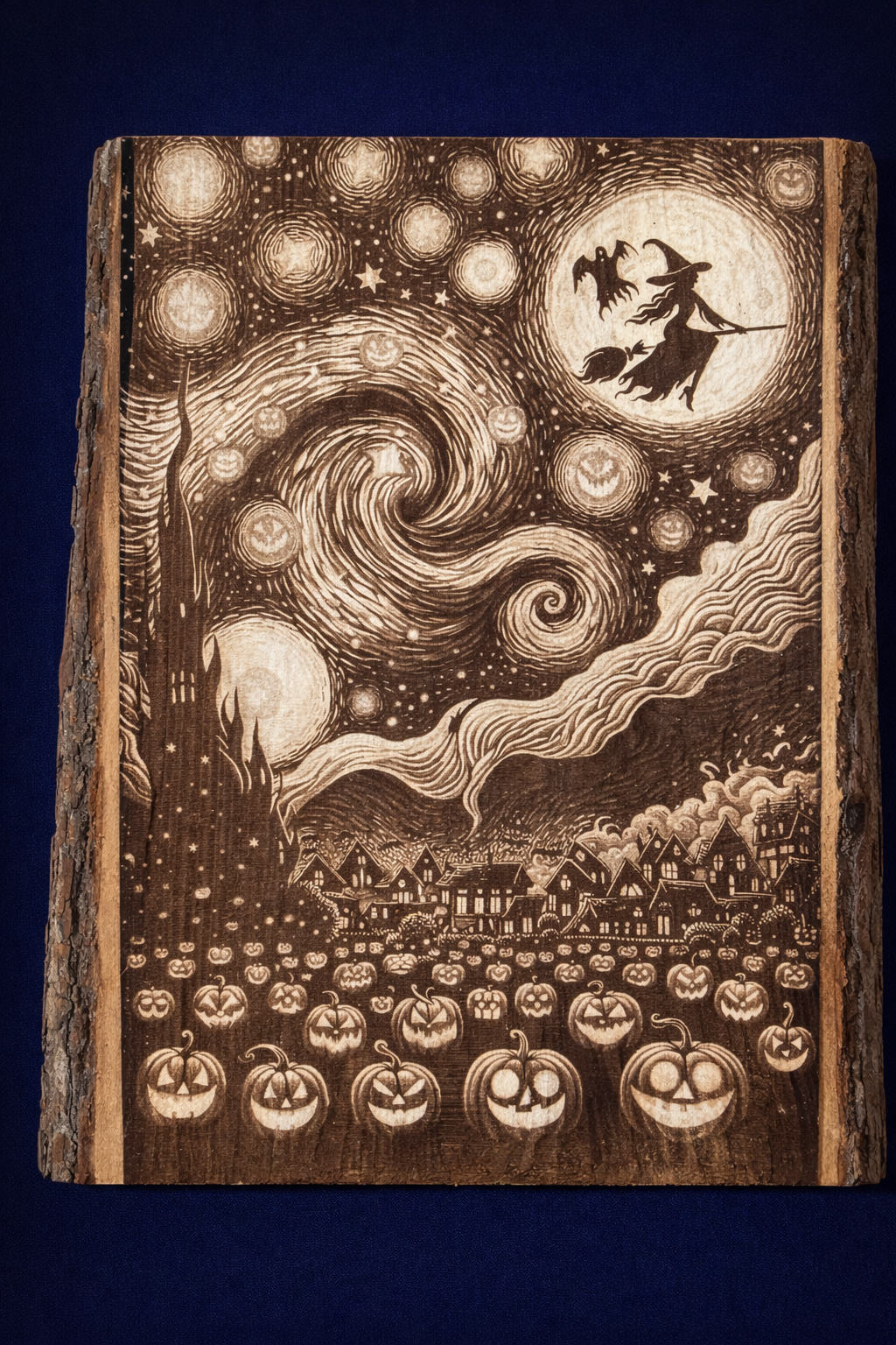 Starfall Over Harvest Hollow – Live Edge Halloween Engraving (13” x 9”)