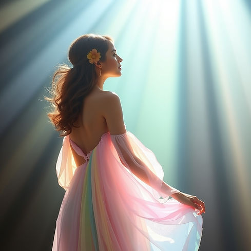 woman in pastel dress she is healing frow within, she carries rays of creation and her bod