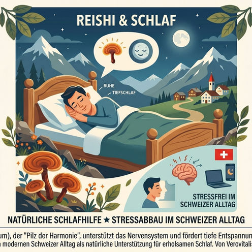 nfografik im Flat-Style über Reishi und Schlaf im Schweizer Alltag. Die Illustration zeigt eine friedlich schlafende Person in einem Holzbett vor einer nächtlichen Bergkulisse mit Schweizer Flagge. Im Vordergrund sind Reishi-Pilze (Ganoderma lucidum) zu sehen. Seitliche Textblöcke beschreiben die Wirkung auf Nervensystem-Balance, Schlafqualität und tiefe Regeneration