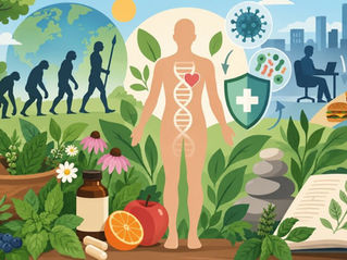 Flat-Style-Illustration zur Gesundheit im Wandel mit menschlicher Evolution, DNA, Immunsystem, Darmmikrobiom, Heilpflanzen, Vitaminen, natürlichen Lebensmitteln und moderner Lebensweise