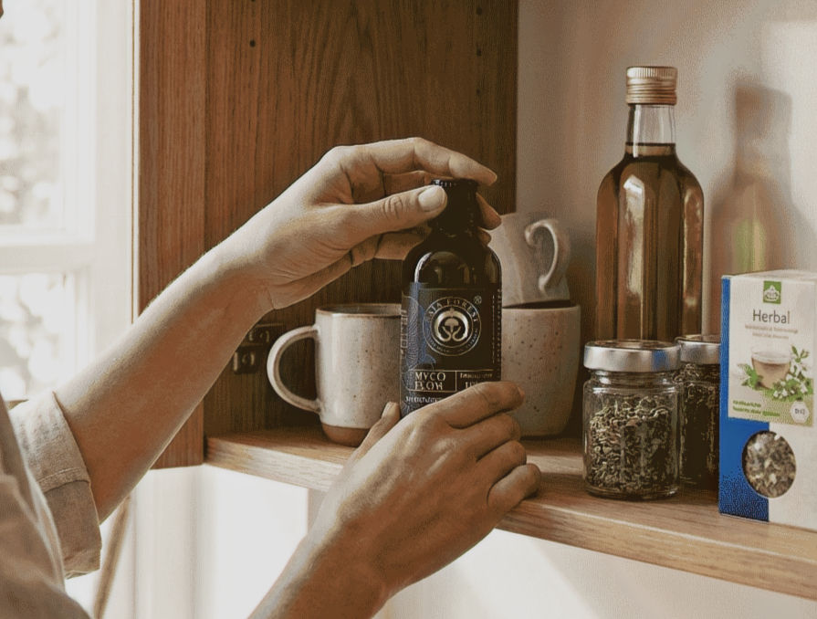 Eine Person hält eine dunkelbraune Glasflasche mit dem Etikett „MYCO FLOW“ in den Händen, platziert vor einem rustikalen Holzregal mit Keramikbechern, einer Glasflasche und Gewürzgläsern.