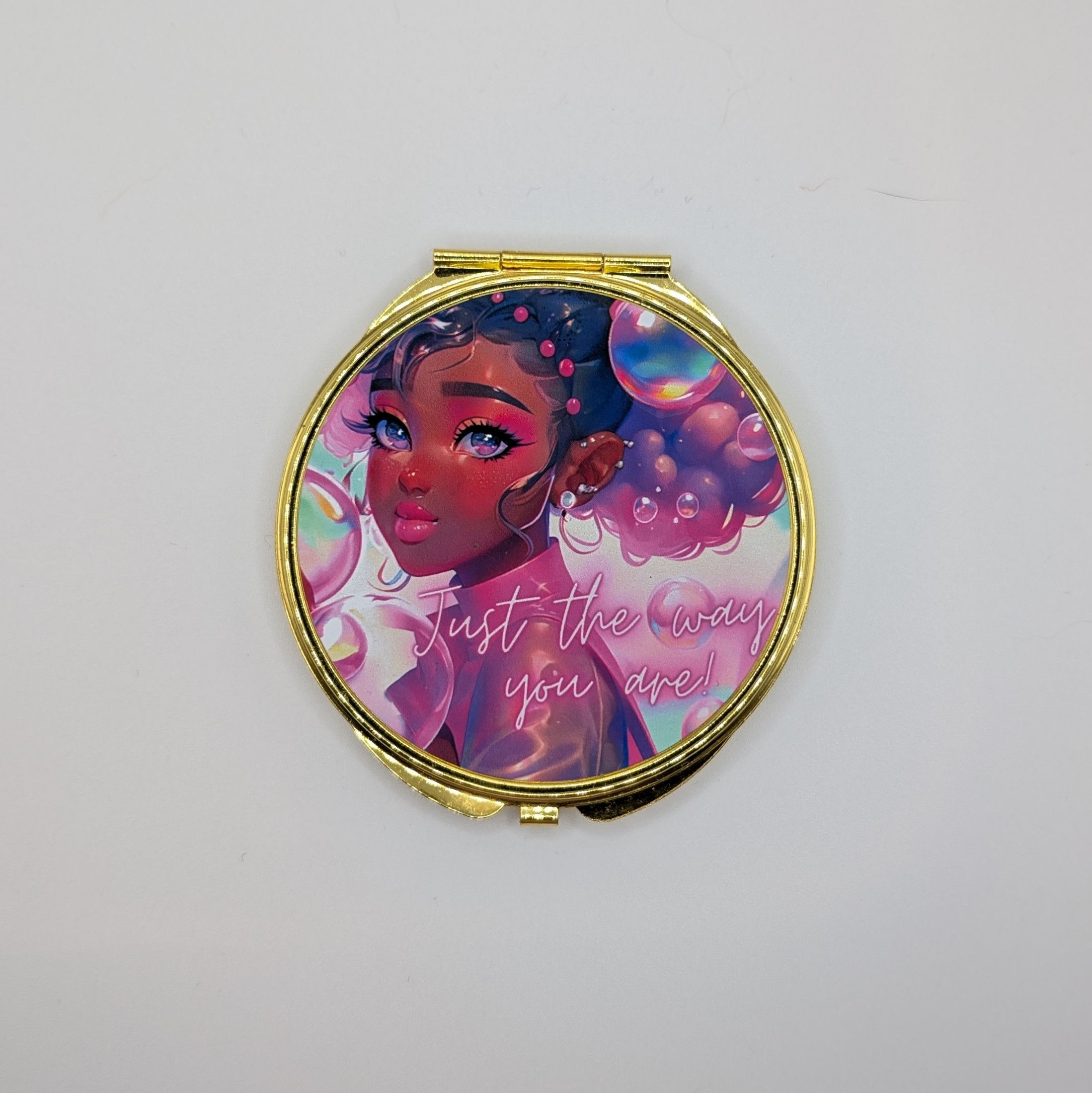 Girl with Pink Bubbles Gold Compact Mirror