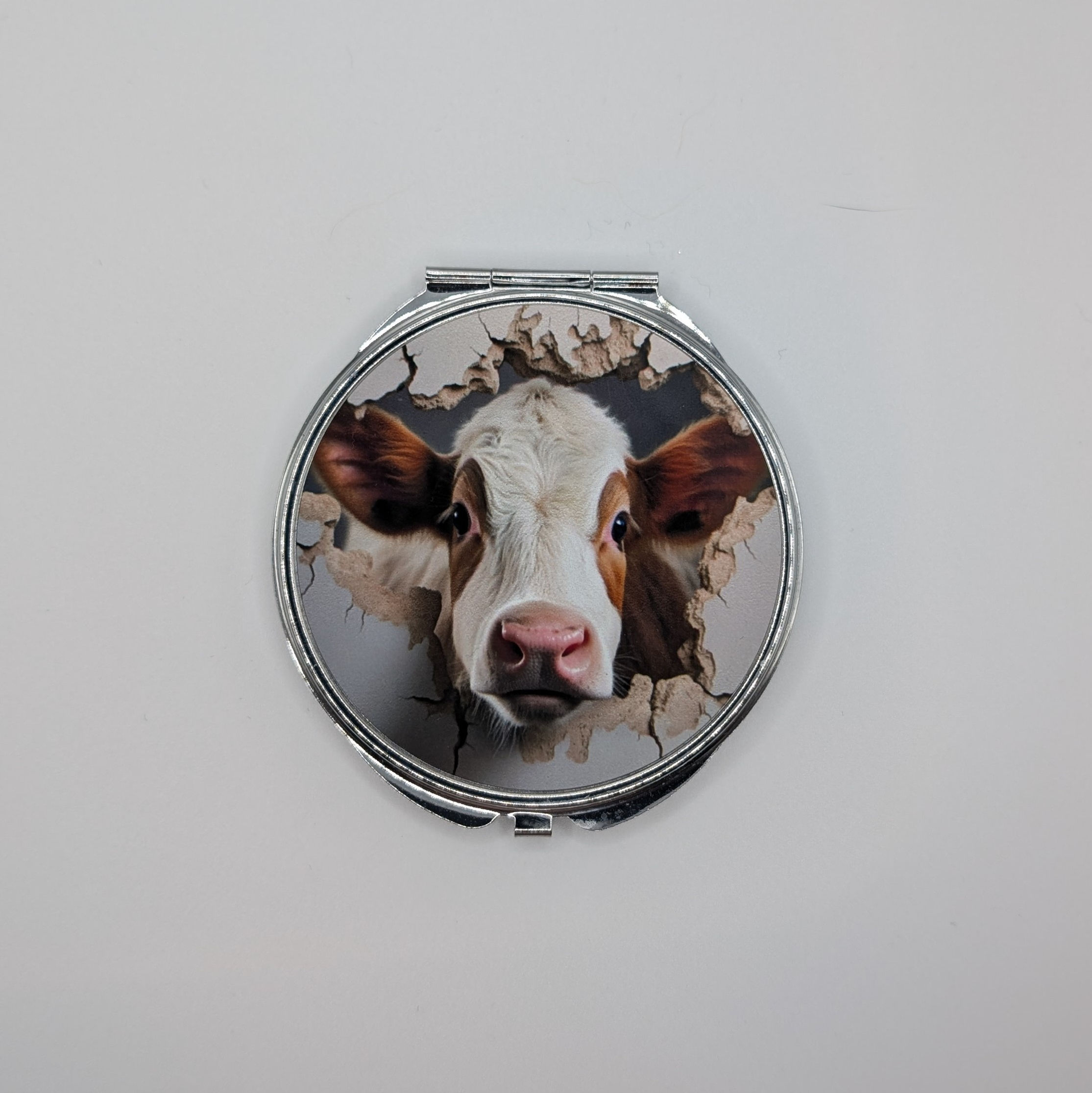 Brown and White Cow Silver Compact Mirror