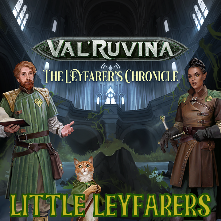 An illustration of a ginger catfolk in teal robes and a red-haired, aproned artificer with glasses standing on the edge of a woods full of floating motes of yellow light. "Little Leyfarers Adventure Camp / Kids D&D Week at TPK" is written along the top half of the image.