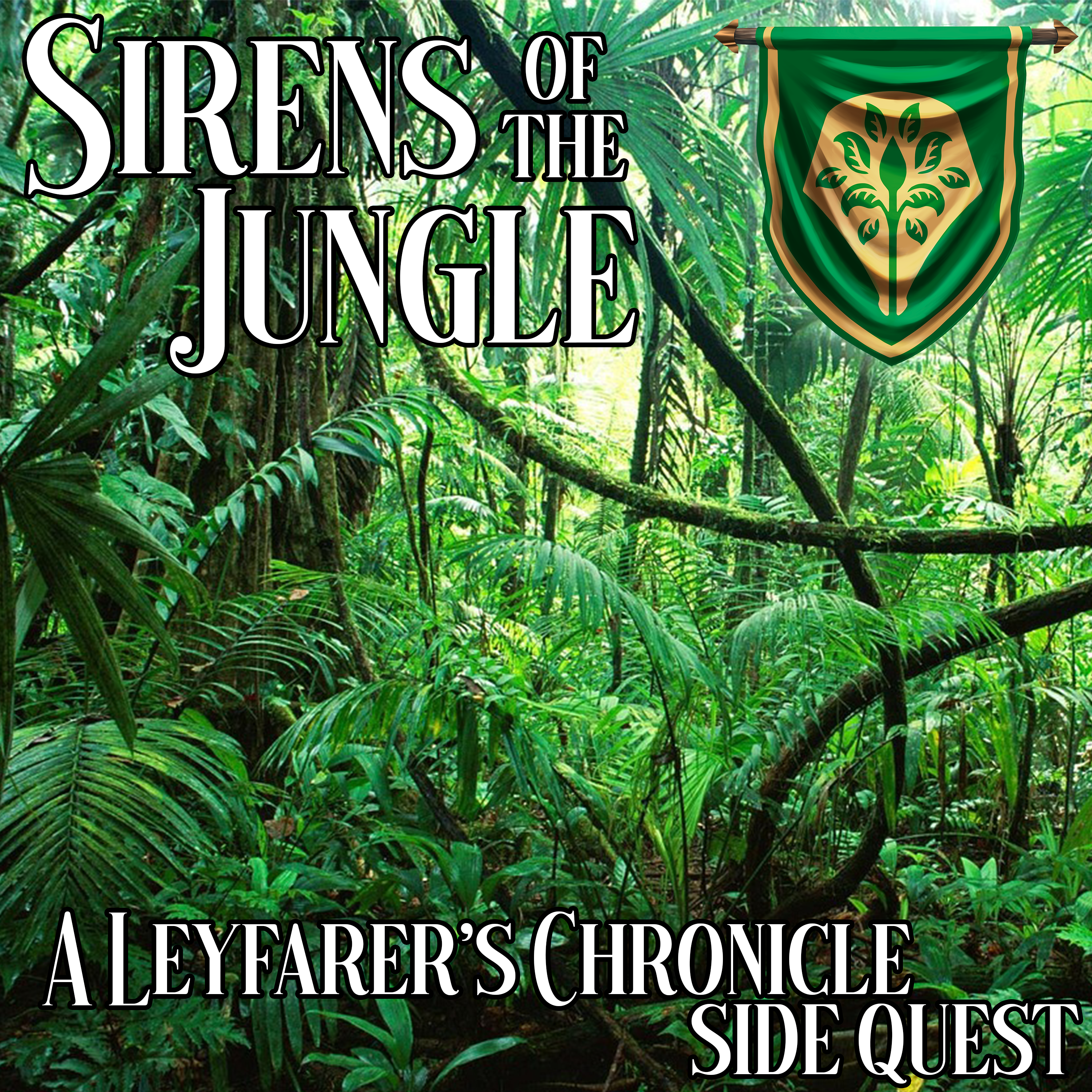 A photograph of a green, marshy swamp with a green and gold banner of the Leyfarer's sigil in the upper right and the text "A Troad Less Traveled / A Leyfarer's Chronicle Side Quest" in the foreground.