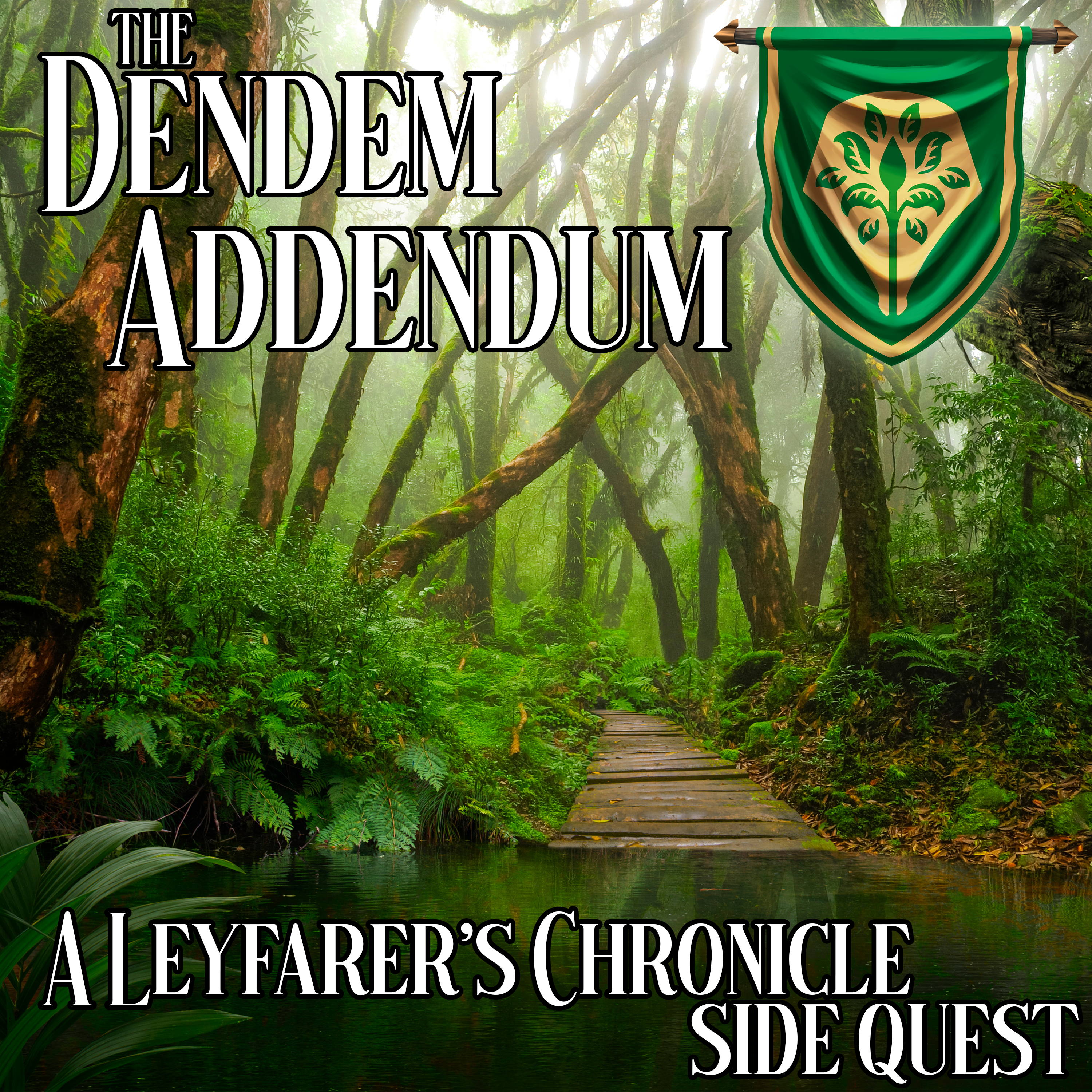 A photograph of a green, marshy swamp with a green and gold banner of the Leyfarer's sigil in the upper right and the text "A Troad Less Traveled / A Leyfarer's Chronicle Side Quest" in the foreground.