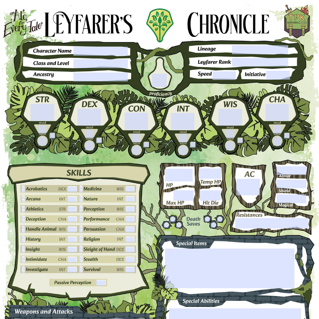 A screenshot of the Val'Ruvina Character Sheet, with boxes for all of the required character information surrounded by plants, scrolls, and other overgrowth.