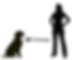 Black silhouettes on a white background. On the left is a sitting dog. On the right is a standing person with an arrow pointing towards the dog.