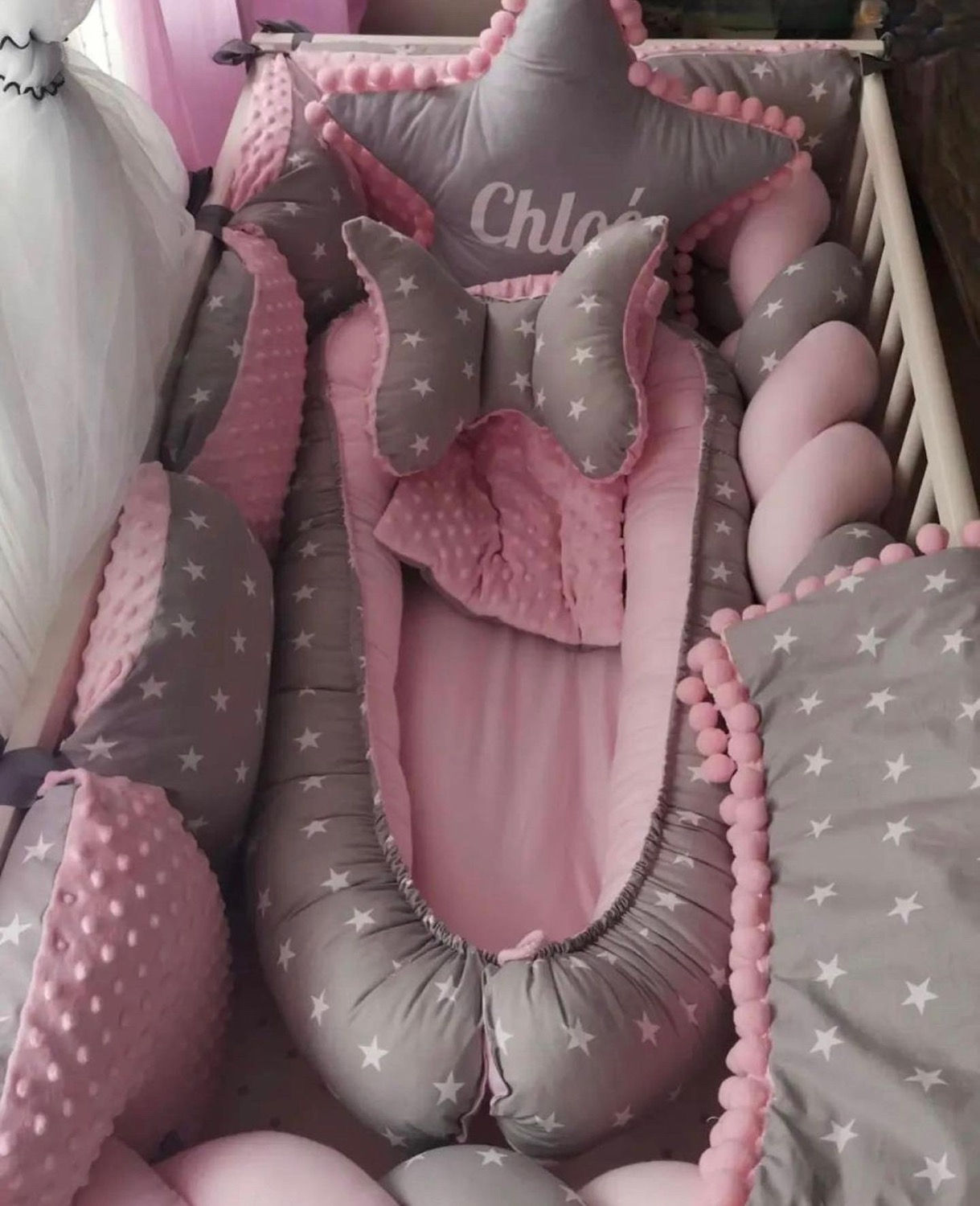 Pack 9 piezas para cuna Línea Luxury Estrellas Rosa Gris