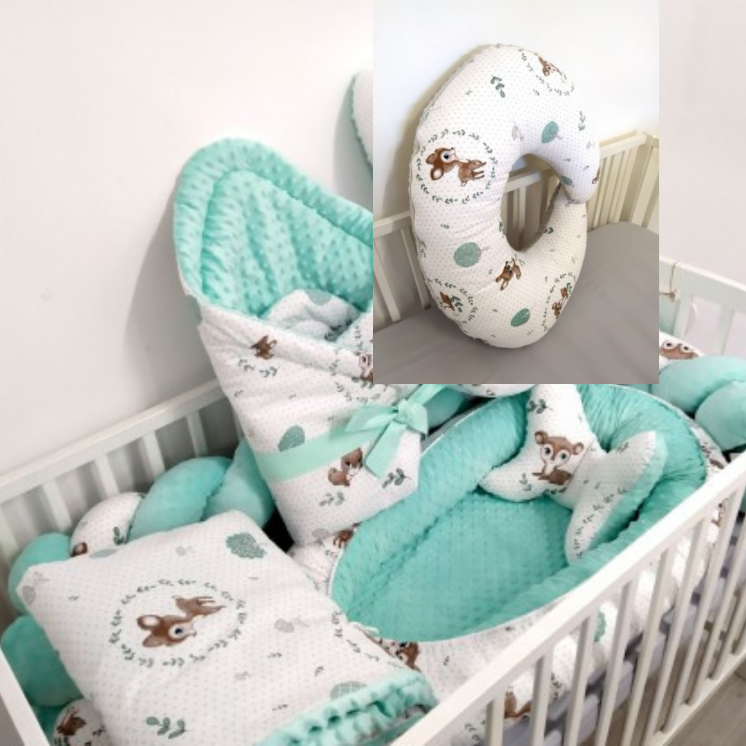 Pack 7 piezas para cuna Línea Luxury Minky Cervatillos Menta