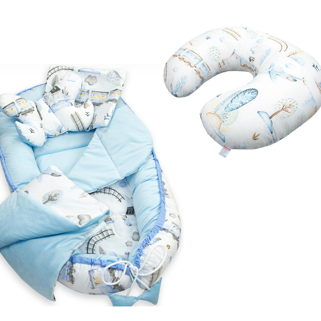 Pack 6 piezas de Nido y Cojín Lactancia Trenes Azul