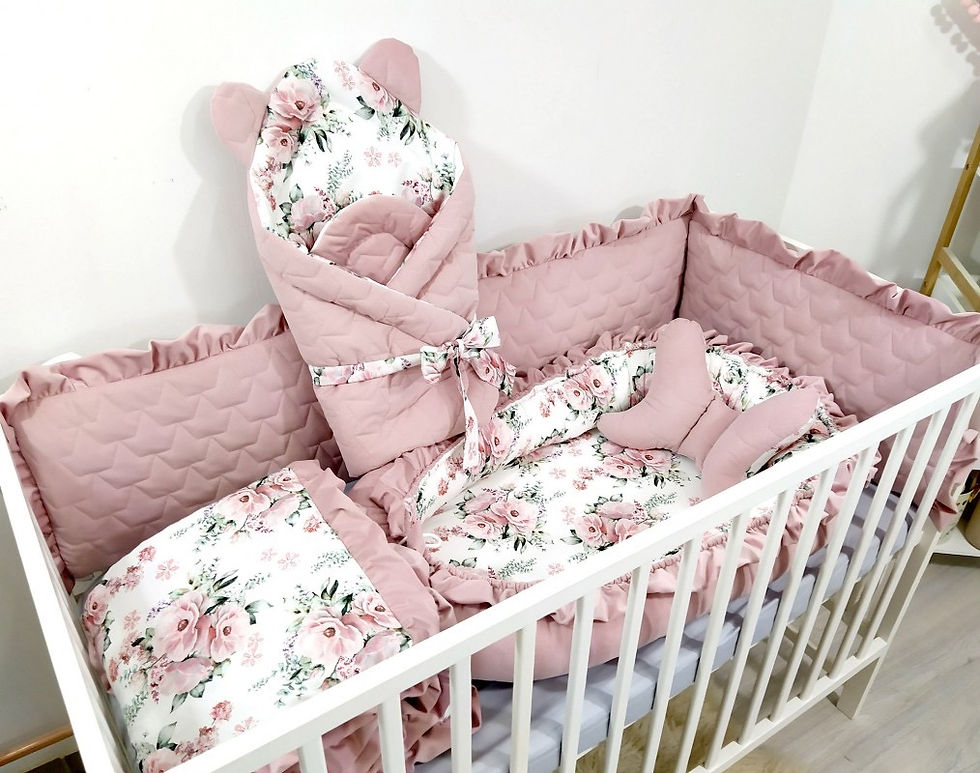 Miniatura: Pack 6 piezas para cuna Línea Luxury Terciopelo Rosa Flores 
