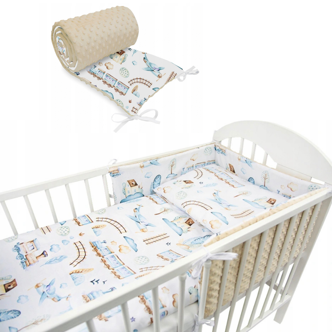 Pack Set 5 piezas textiles para tu cuna Chichonera Terciopelo Tren Azul y Beige
