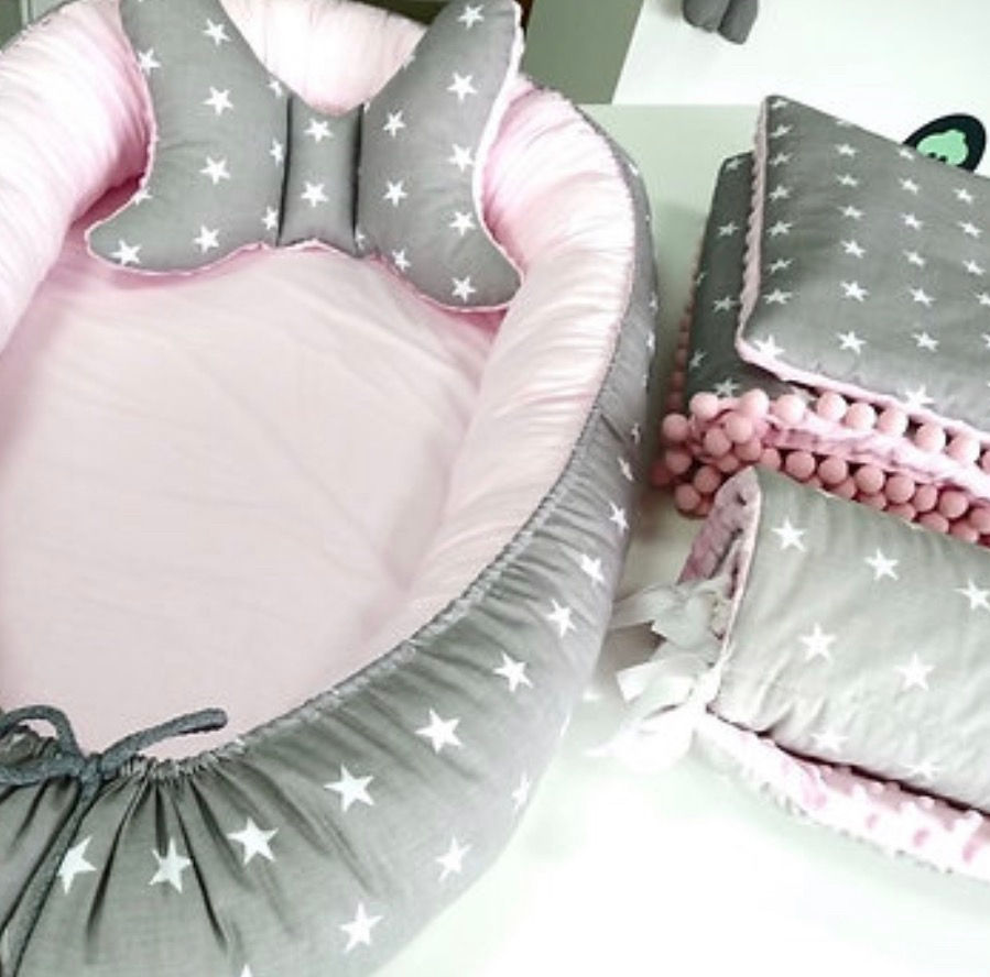 Miniatura: Pack 9 piezas para cuna Línea Luxury Estrellas Rosa Gris