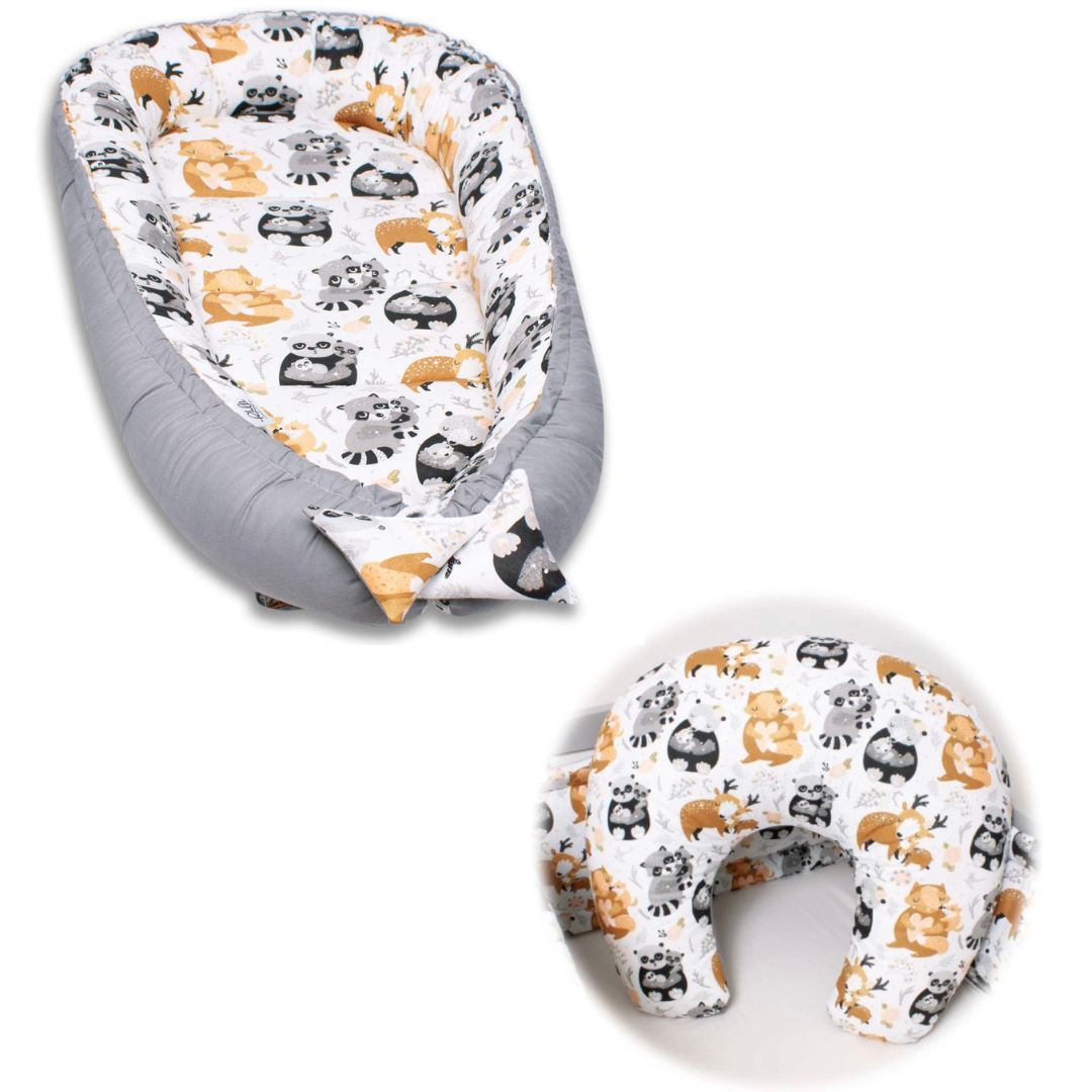 Pack Ahorro Cojín Cunita Nido y Cojín Lactancia Gris Animalitos Bosque