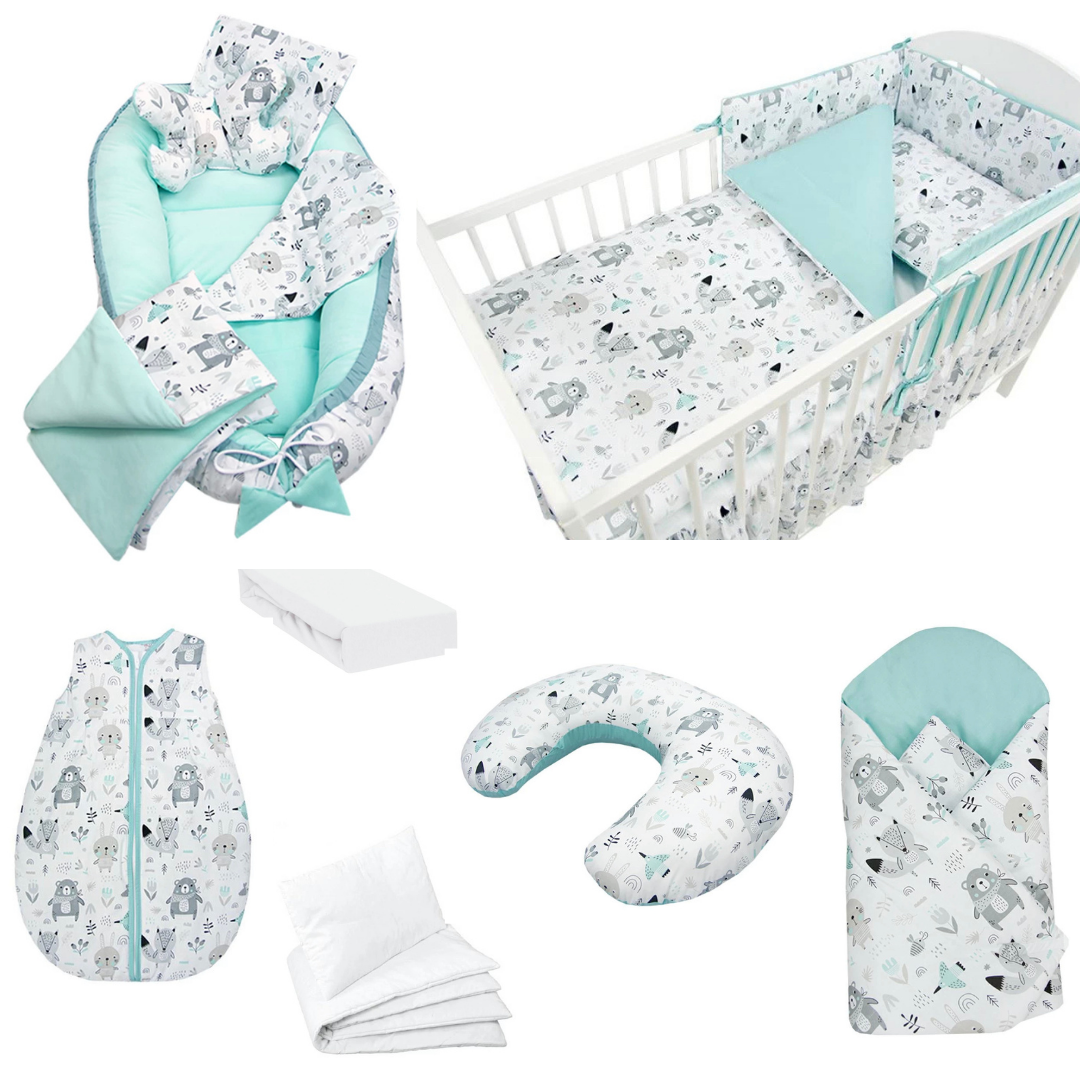 Mega Pack Ahorro 14 piezas textiles para tu cuna Animalitos Menta