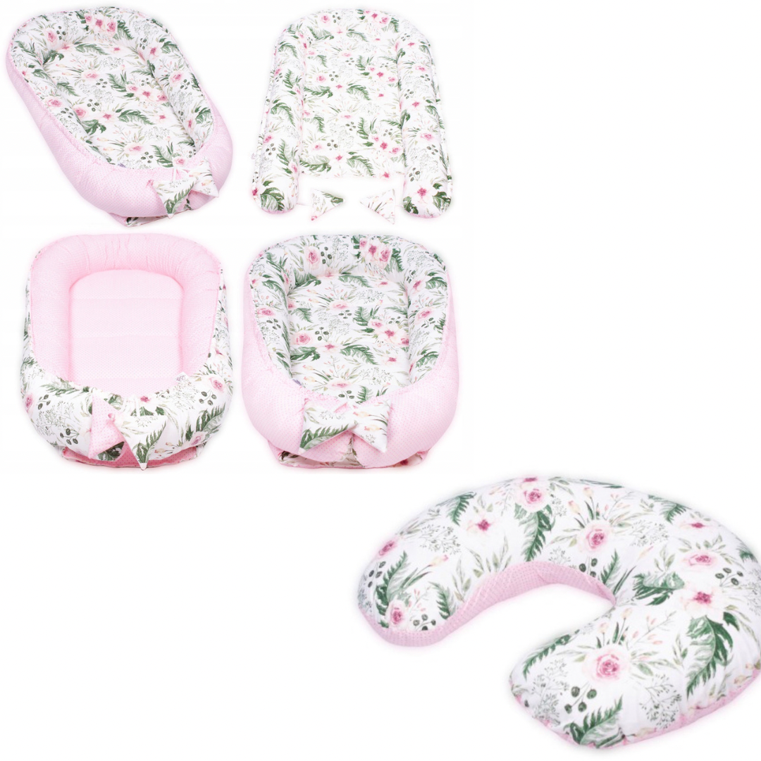 Pack Ahorro Cojín Cunita Nido y Cojín Lactancia Rosa Flores
