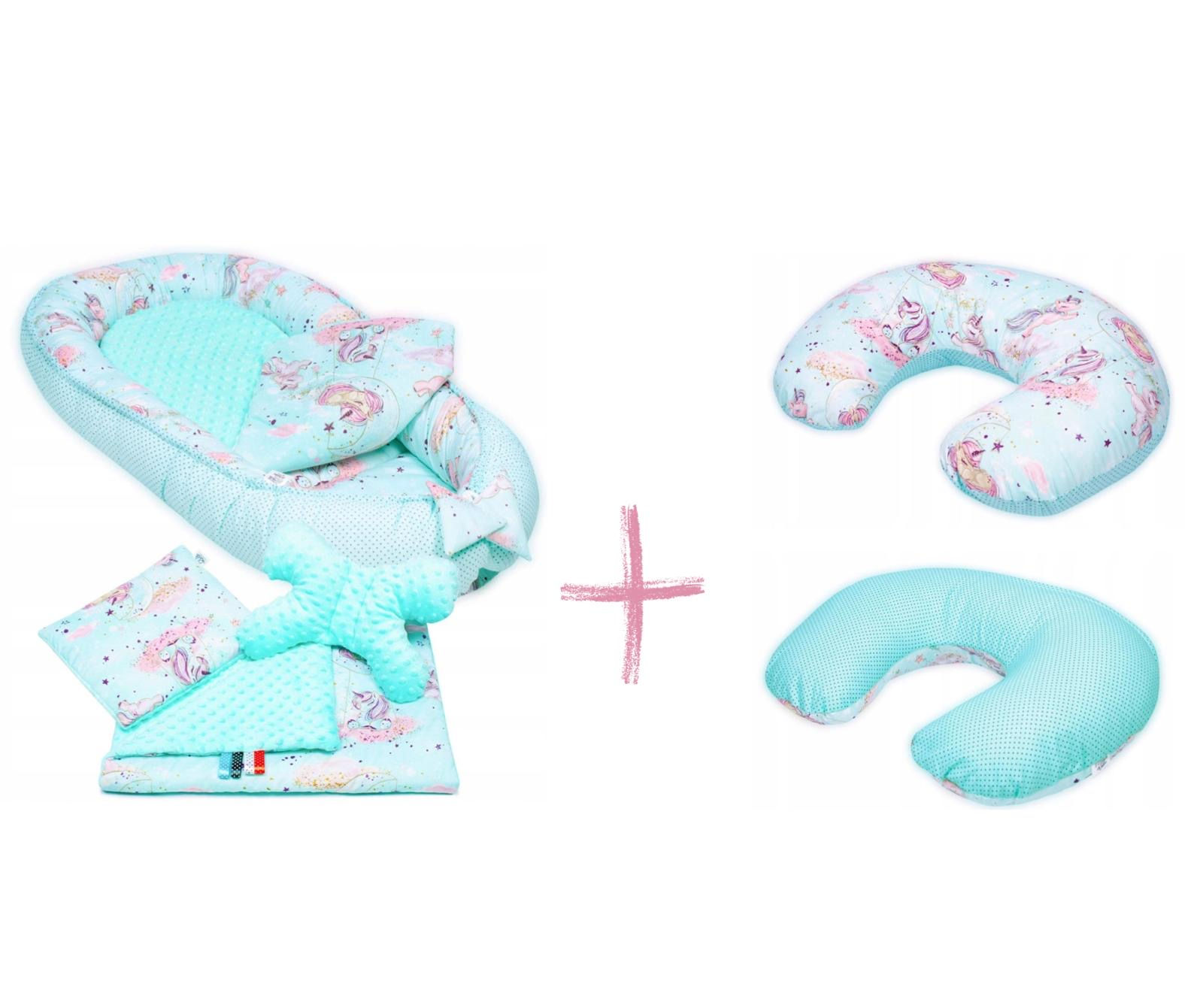 Pack Cojín Cunita Nido + Cojín Lactancia Menta Minky Unicornios