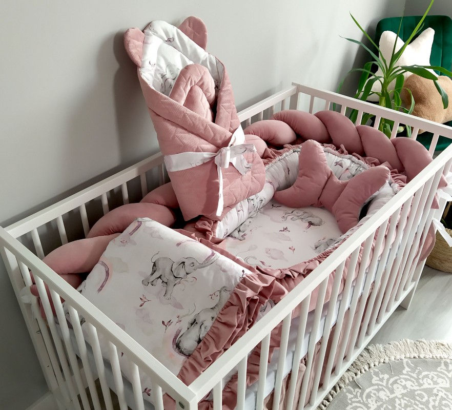 Pack 6 piezas para cuna Línea Luxury Velvet Elefantes Rosa